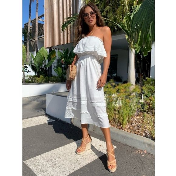 White Strapless Frill Detail Midi Dress - Picture 7 of 11